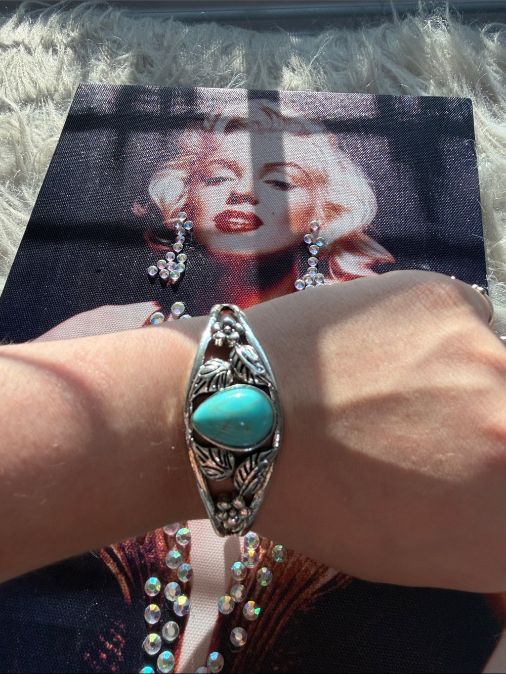 Turquoise Stone Floral Silver Bracelet - Women Jewelry
